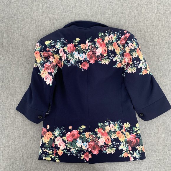 Those Days Beautiful Navy Blue Jacket Floral Print Shoulder Pads Cotton 1 Button - Picture 12 of 15